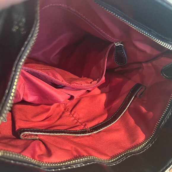 Anne Klein Cut Out Zebra Print Satchel Bag Purse Patent Black Tan Red Interior - Picture 5 of 6